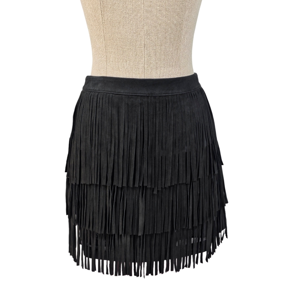 Alice + Olivia Lavana Suede Fringe Mini Skirt Black Leather Size 0 / XS